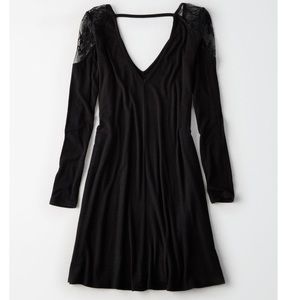 American Eagle soft & sexy ribbed lace shoulder dress in black aerie aritzia